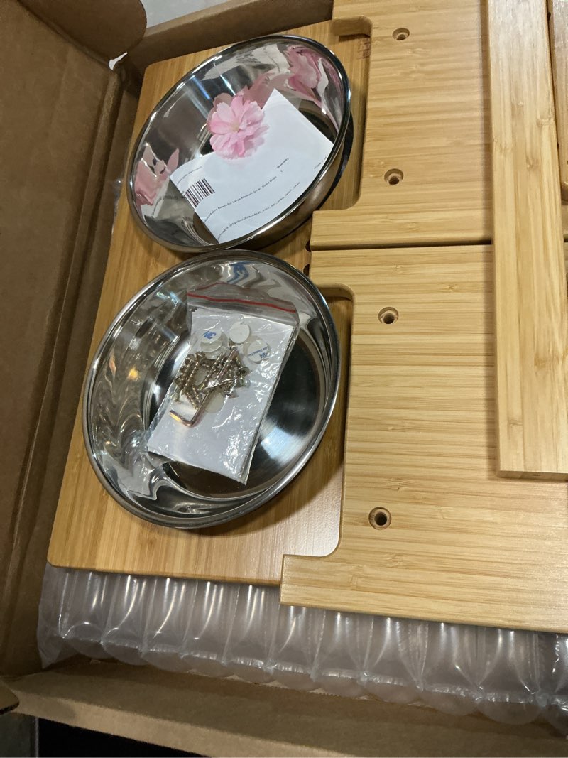 Condition photo showing Good Condition for htb elevated dog bowls,raised dog bowl stand with 2 stainless steel bowls,elevated raised dog bowls for large medium small sized dogs medium-7"tall,29 oz bowl bamboo