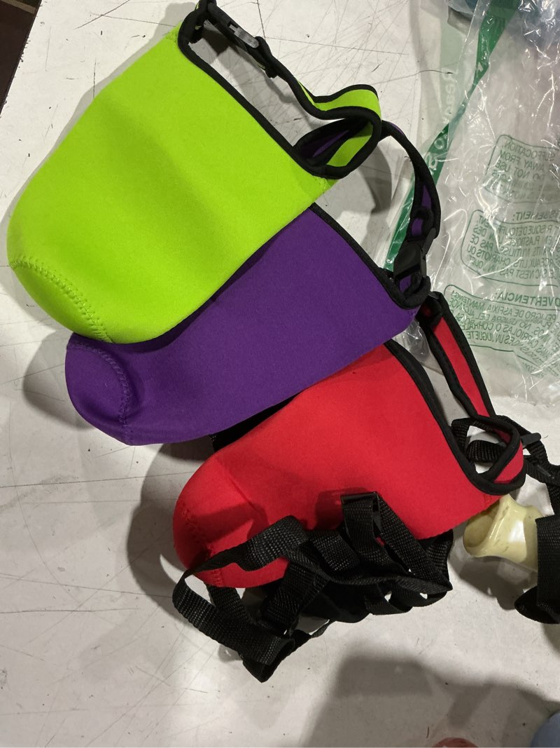 Condition photo showing As Is for 4pcs tumbler 30oz carrier holder pouch with shoulder strap, fit for yeti, rtic, atlin, ozark trail, rambler, neoprene sleeve with carrying handle black, green, purple, red