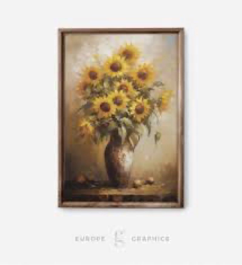 Bouquet of Sunflowers in a Vase Vintage Oil Painting, Sunflower Painting, Living Room Wall Art, Flower Vase Painting, Still Life Painting