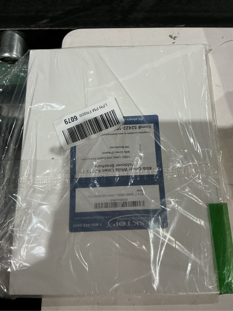 Condition photo showing Good Condition for 100 pack - elegant white linen 8.5" x 11" scored cardstock paper – folds to 4.25" x 11" – menu & program paper – inkjet & laser printer compatible – made in usa
