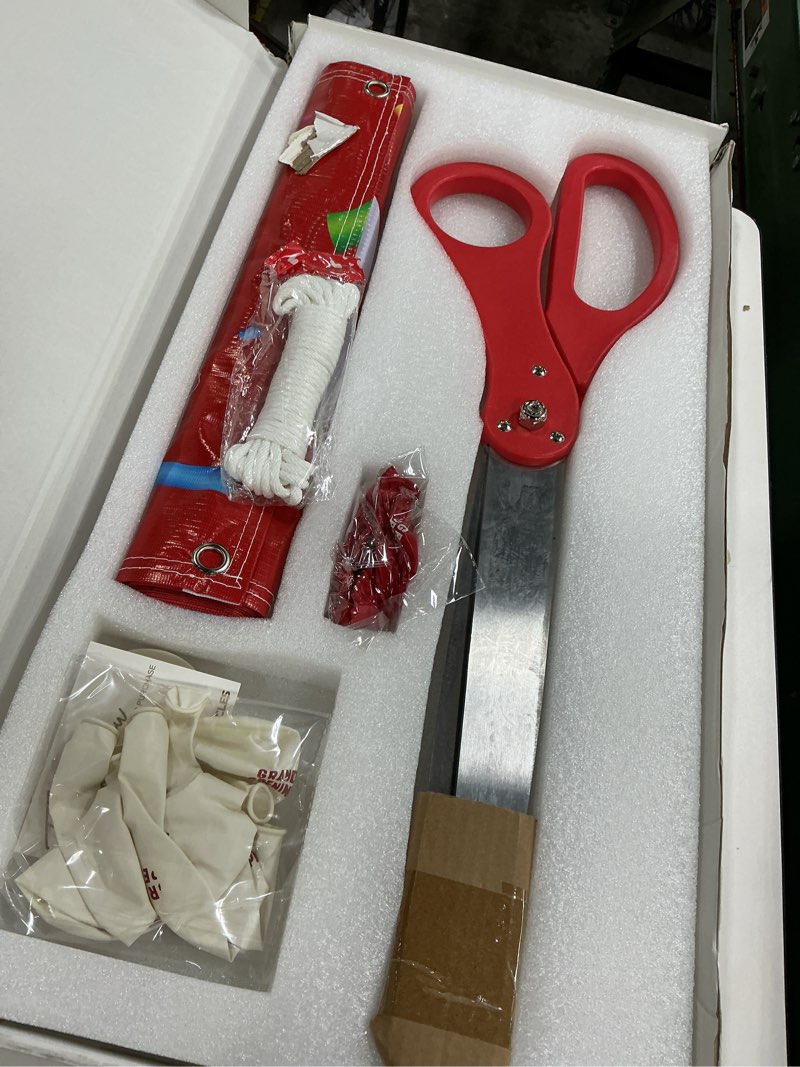 Condition photo showing Good Condition for SIRCLES Grand Opening Ribbon Cutting Ceremony Kit - 25" Giant Scissors, 5yd of 4" Wide Ribbon, 10ft Banner, 8 Red & 8 White Balloons, 19 ft Banner Rope, 2 Rolls Balloon Ribbon - Grand Opening Kit