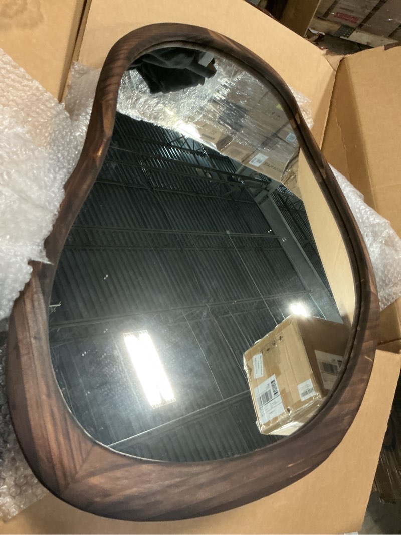 Condition photo showing Good Condition for 35\"x21\" Wood Bathroom Mirror Wall Mounted, Dark Walnut Irregular Wall Mirror, Rustic Farmhouse Vanity Mirror for Bedroom Living Room Bathroom Entryway, Horizontal/Vertical