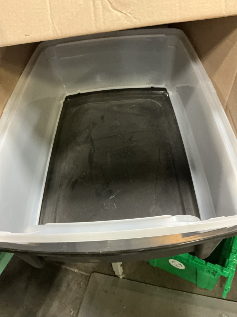 Condition photo showing As Is for iris usa cat litter box xx-large open top with high sided walls tall scatter shield scoop included easy clean plastic pan for big cats kittens multi-cat households 30"l x 20"w x 14"h black xxl black