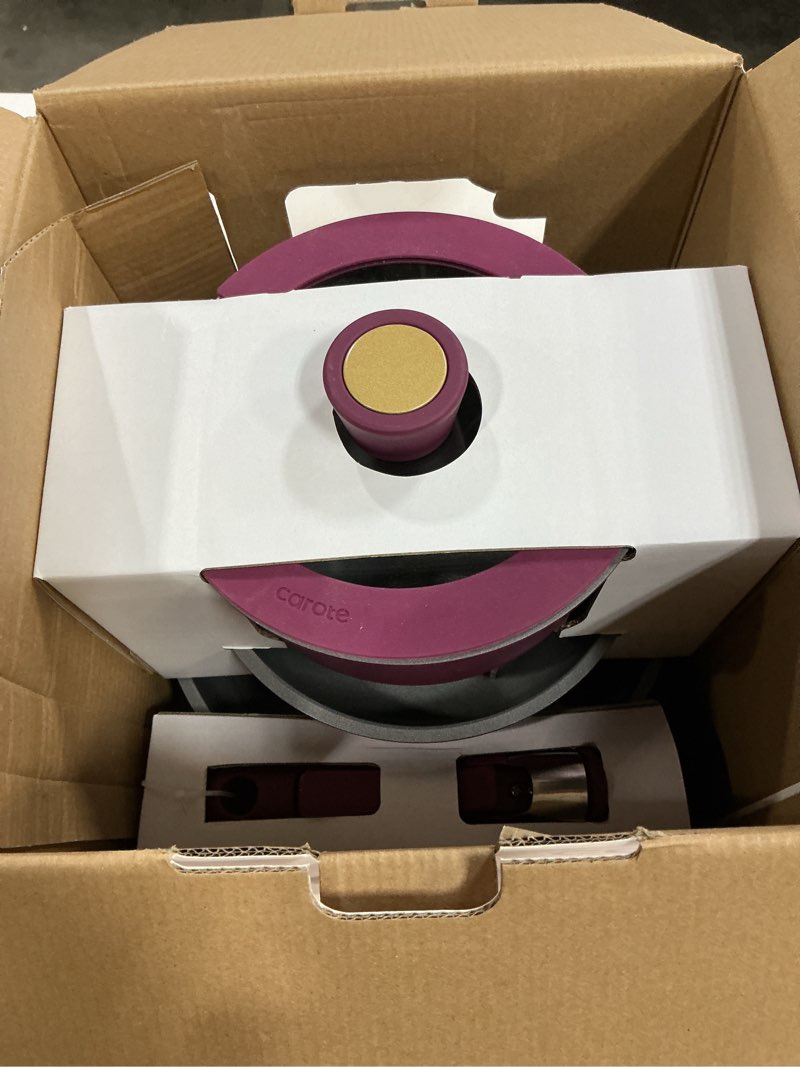 Condition photo showing New/Like New for carote nonstick detachable pots and pans set, 6 pieces non toxic cookware set with induction, oven/dishwasher safe, easy for storage, granite purple