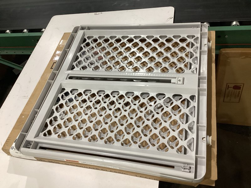 Condition photo showing New/Like New for mypet universal pet gate: 26” - 42” wide dog gate for doorways with pressure fit or swinging door hardware mounting types included: 26" tall; gray