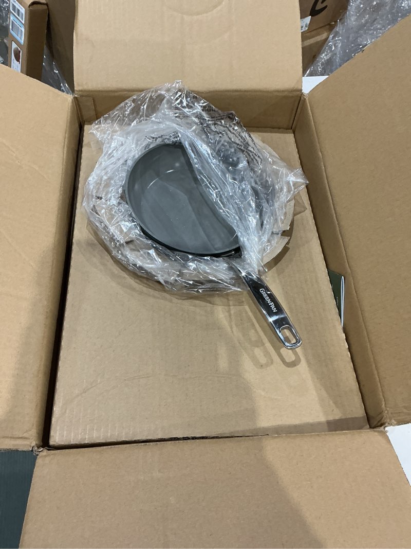 Condition photo showing Good Condition for greenpan lima hard anodized 8" 10" & 12" frying pan skillet set, ceramic nonstick, pfas-free nontoxic pots & pans, oven & broiler safe, stainless steel handles, cookware for eggs & omelet, gray 8" 10" and 12" frying pan skillet set