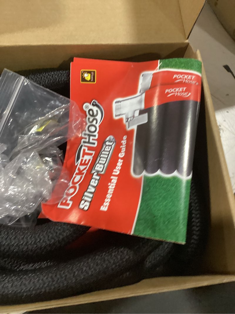 Condition photo showing As Is for pocket hose 50 ft silver bullet 2.0 expandable garden hose w/turbo shot nozzle, as seen on tv, lead-free, solid aluminum connectors, easy on/off valve, kink-free, leak-proof