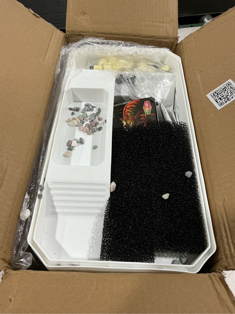 Condition photo showing As Is for turtle tank kit with lid,aquatic habitat red eared slider cage | small tortoise starter enclosure with multi-function area,uv basking platform light,water filter,rain shower arm,plant,stone medium 13 piece set