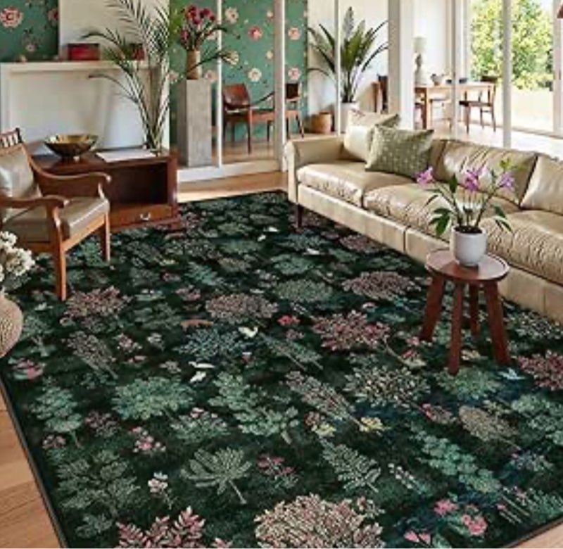 wonnitar forest print washable 8x10 area rugs, dark green rugs for living room, non slip ultra-thin soft boho floral bedroom carpet for dining room, playroom, office, dorm