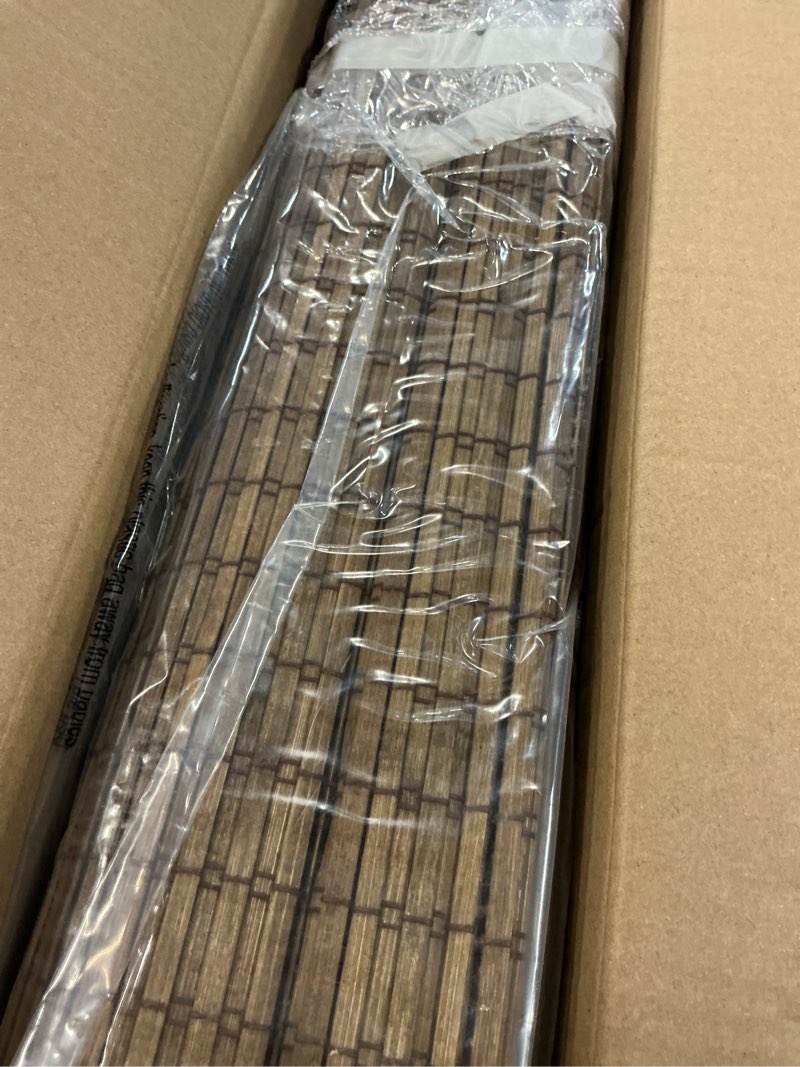 Condition photo showing Good Condition for cordless bamboo roman shades 23x64in, light filtering bamboo blinds for indoor windows, office, bathroom and living room, privacy teak.