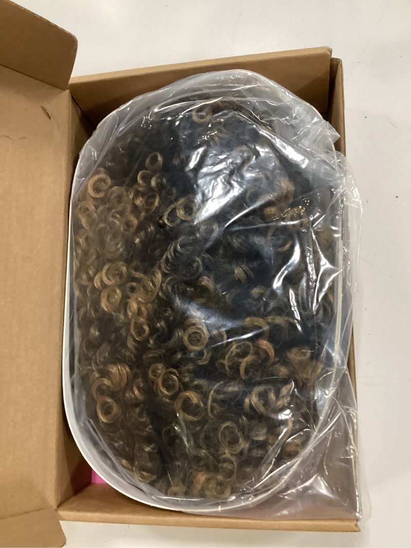 Condition photo showing New/Like New for honey blonde short curly wig with bangs ombre dirty blonde highlight curly bang wigs kinky curly wig glueless synthetic afro wigs for women ready to wear 6 inch ombre honey dirty blonde