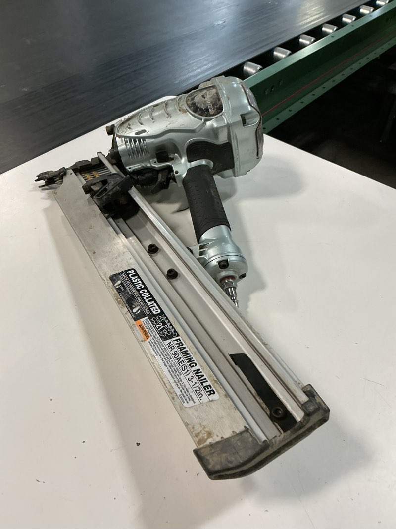 Condition photo showing As Is for metabo hpt framing nailer, pro-preferred power nailer for flooring, roof decking, and more, lightweight 7.5 lbs framing tool for 21° 2" to 3-1/2" plastic collated nails, nr90aes1