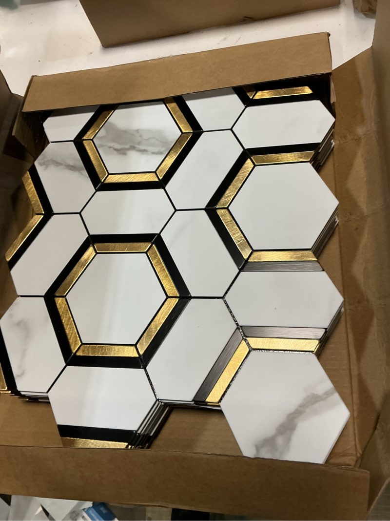 Condition photo showing Good Condition for diflart 10-pack peel and stick backsplash tile, white and gold, hexagon, marble veins with pvc mixed metal, stick on backsplash for kitchen and bathroom, self adhesive wall tiles 10 sheets white marble + gold + black metal flower