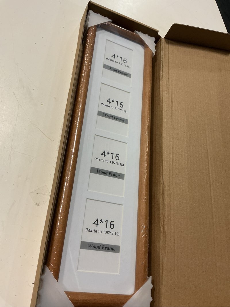 Condition photo showing New/Like New for 4x16 collage picture frame teak wood, multiple four 2x3 photos or 4x16 without mat, rustic round corner photo frame with tempered glass hanging or tabletop displaying horizontally or vertically teak 4x16