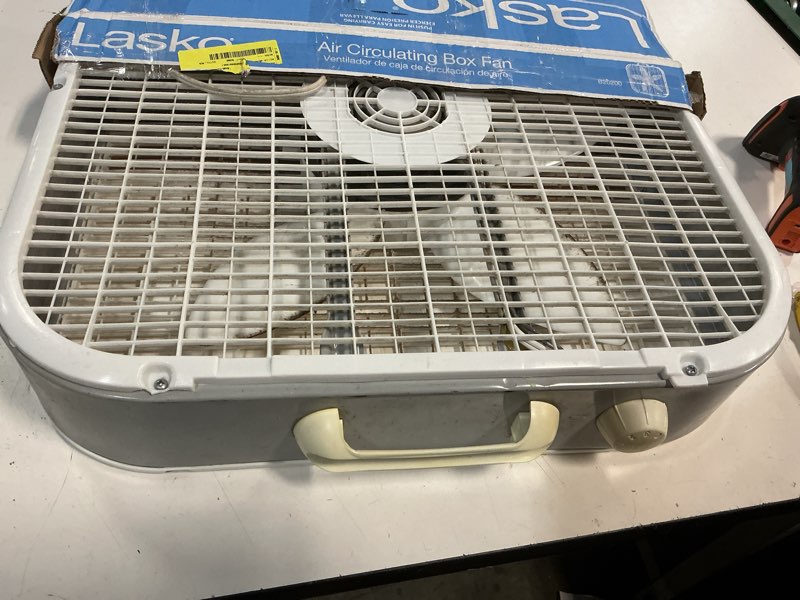 Condition photo showing As Is for lasko 20" classic box fan with weather-resistant motor, 3 speeds, 22.5" h, white, b20200, new