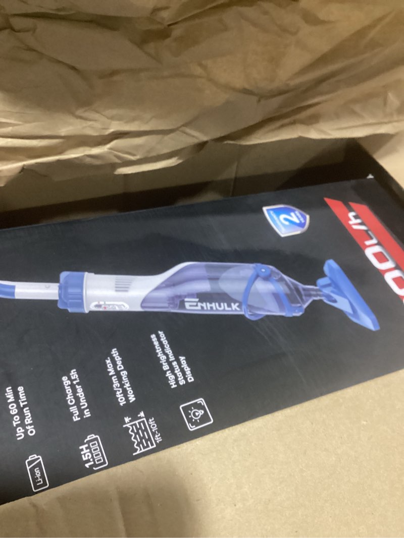 Condition photo showing As Is for pool vacuum for above ground pool with a telescopic pole, running time up to 1h, handheld rechargeable pool cleaner with powerful suction up to 18.5 gallons/min, ideal for leaves & debris, pc10 pc10 blue