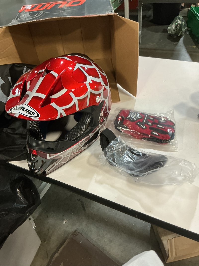 Condition photo showing Good Condition for youth dirt bike helmet dot certified for boys & girls ages 5-14, four wheeler, motocross, bmx, mx, utv, go kart, racing, skateboard, baseball red cobweb medium