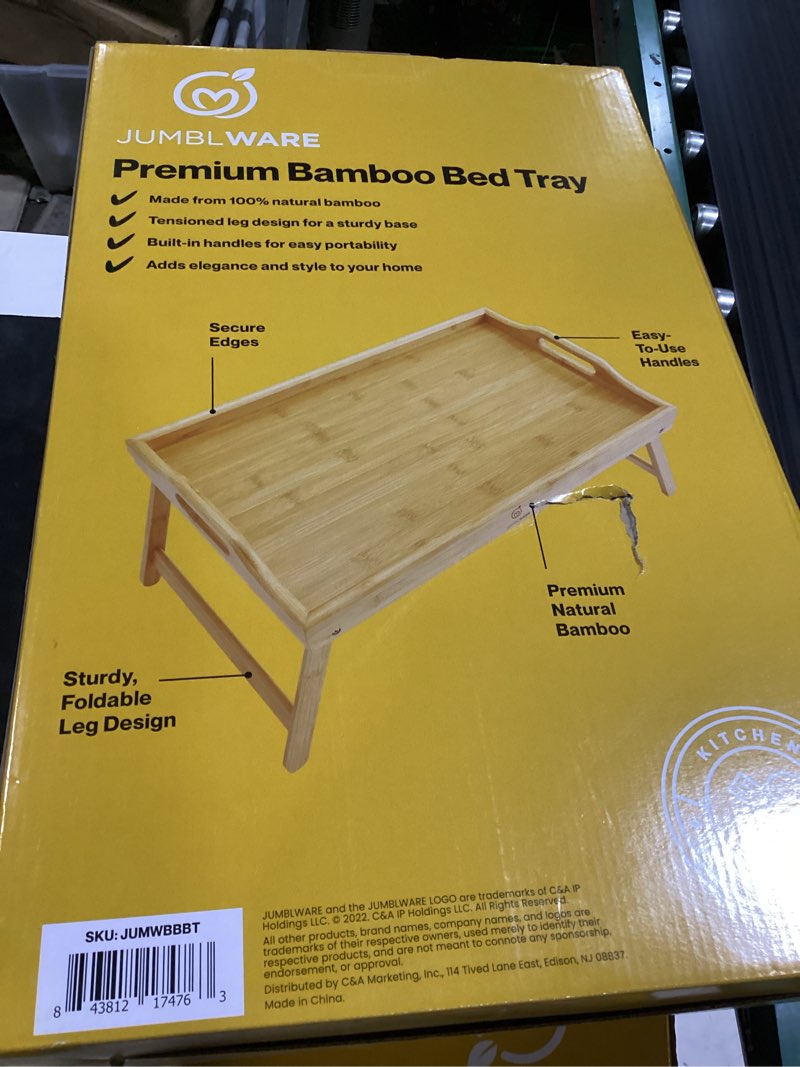Condition photo showing Good Condition for bamboo bed tray table, folding legs and handles, breakfast tray, laptop desk for bed or sofa, serving tray for eating, working, reading,picnic bamboo 18.1" x 11.2" x 7.7"