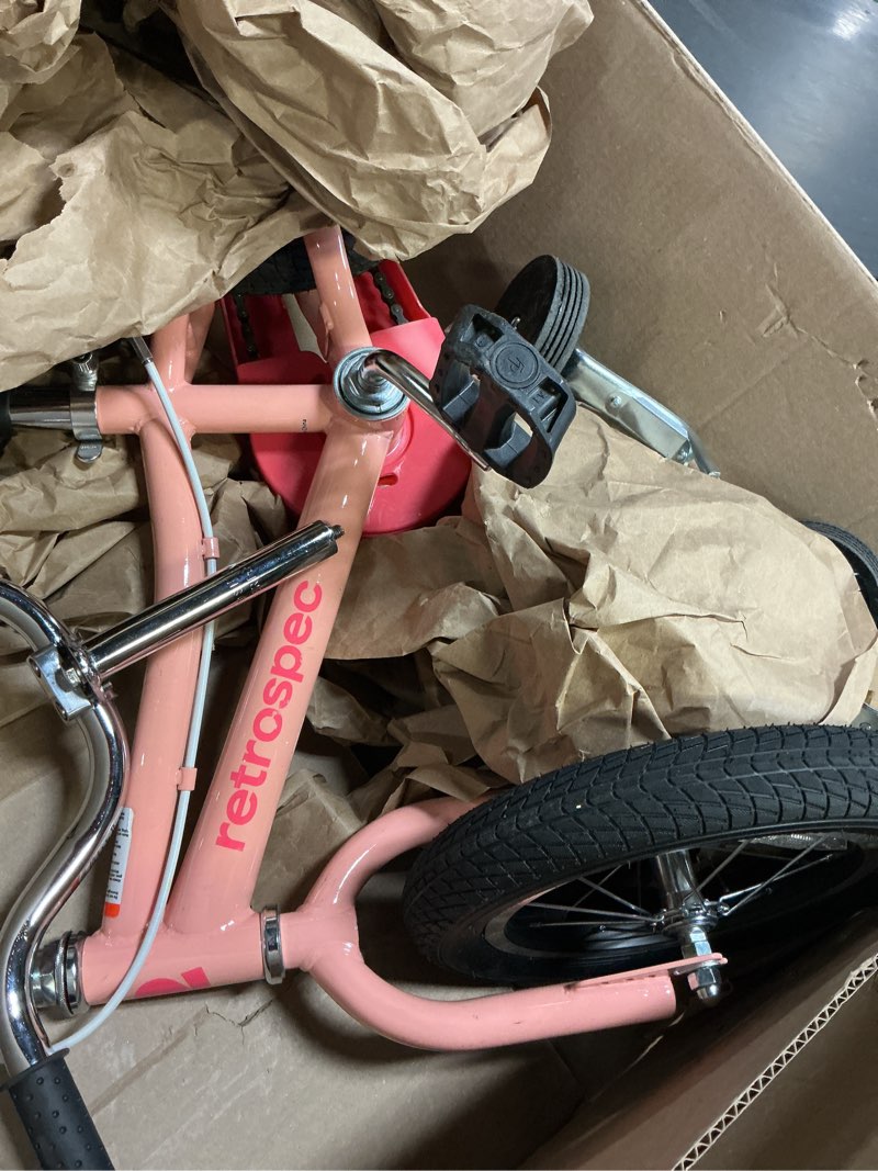 Condition photo showing As Is for retrospec koda plus kids bike for boys & girls ages 2-3 years - children's bicycle, adjustable seat & handlebars, removable training wheels, front hand brakes, rear coaster brake & safety bell black neon 12 inch