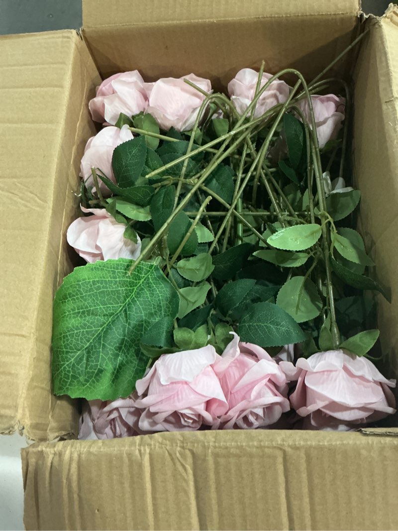 Condition photo showing New/Like New for 50 pcs roses artificial flowers, fake roses with stem realistic blush silk rose for diy wedding bouquets table centerpieces arrangements baby shower birthday home decor valentines day gift for her