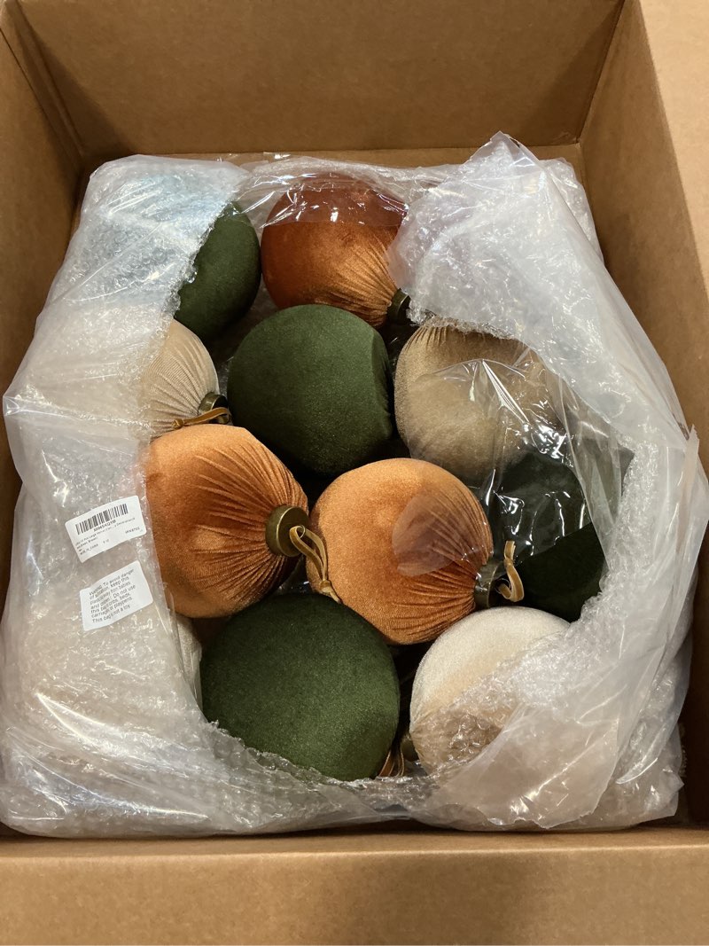 Condition photo showing New/Like New for Liliful 12 Pcs Extra Large Velvet Christmas Balls Velvet Ornaments for Christmas Tree Flocked Shatterproof Xmas Tree Balls Bulk for Holiday Party Xmas Trees Hanging Decorations(6 Inch,Green, Brown) 6 Inch Green, Brown