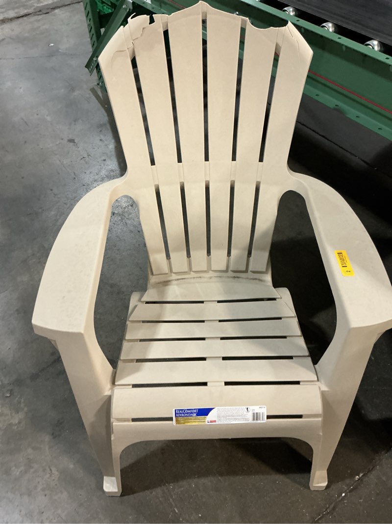 Condition photo showing As Is for adams patio stackable taupe plastic frame stationary adirondack chair with slat seat