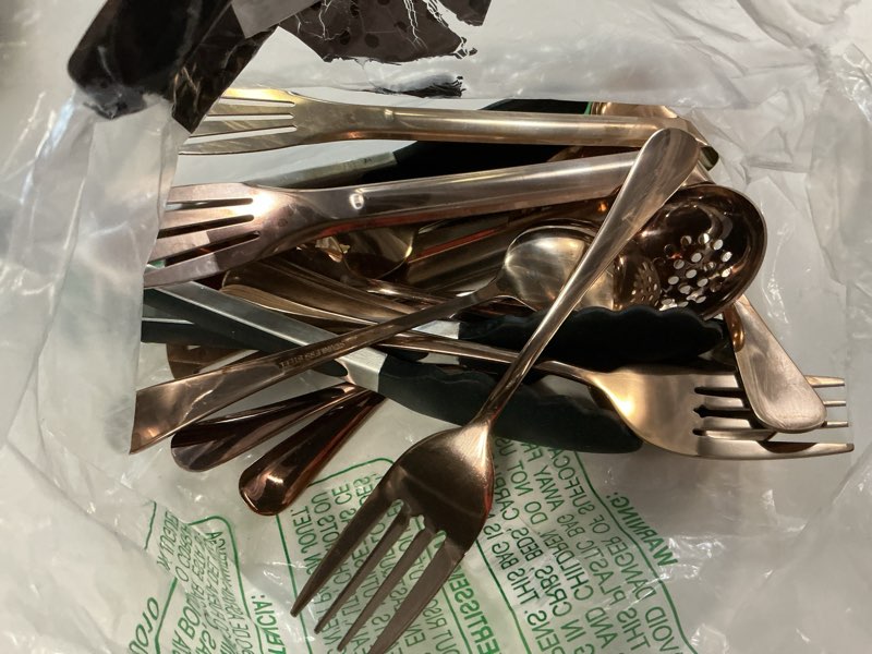 Condition photo showing As Is for rose gold serving utensils set stainless steel, large metal serving spoons, slotted spoons, forks, tongs, soup and skimmer spoon, cake server serveware for partie, buffet, catering, entertaining 15pcs
