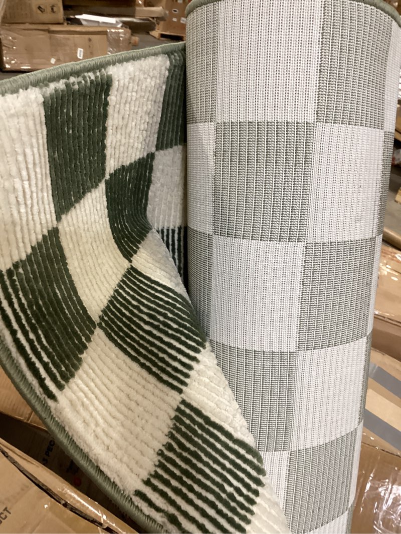 Gambit 6'7"x9' Checkered Rug Washable Area Rug for Living Room Bedroom - 100% Recycled Oeko-TEX Certified, Medium Pile, Green, Beige