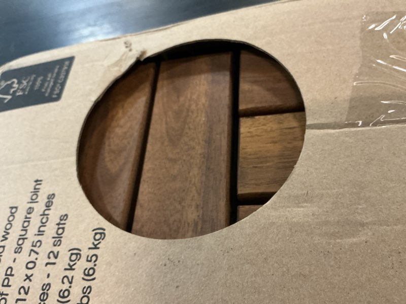 Condition photo showing Good Condition for premium deck tiles, 10 pcs patio flooring - golden teak - crossed | square joints - interlocking deck tiles, 12"x12"x0.9" waterproof acacia wood for balcony, backyard, indoor & outdoor golden teak set 10 - crossed pattern