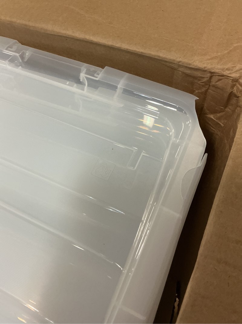 Condition photo showing As Is for iris usa 72 qt stackable plastic storage bins with lids, 6 pack - bpa-free, made in usa - see-through organizing solution, latches, durable nestable containers, secure pull handle - clear clear 72 qt 6 pack