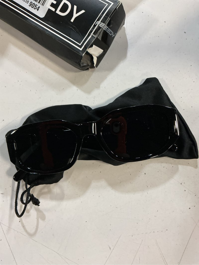 Condition photo showing New/Like New for feisedy retro trendy rectangle sunglasses women men vintage 90s small narrow square sunglasses b2322 001 black frame/gray lens 54 millimeters