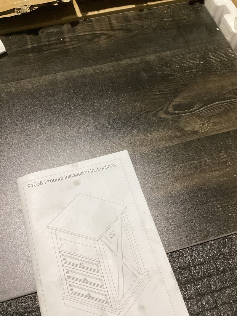 Condition photo showing As Is for similar end table with usb charging station, 3 drawers, rustic wood square storage cabinet for living room,bedroom,office,