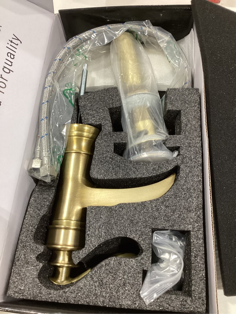 Condition photo showing New/Like New for BWE Antique Brass Bathroom Faucet Single Hole Waterfall Bathroom Sink Faucet with Pop Up Drain Assembly and Supply Hose Rustic Lavatory Vanity Sink Faucet Mixer Tap Single Hole Bathroom Faucet Antique Brass