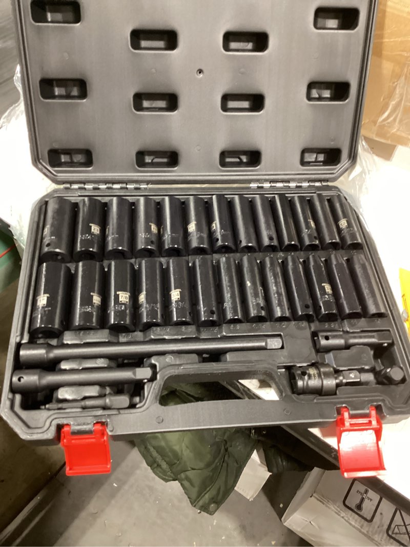 Condition photo showing As Is for EMENTOL 32PCS 1/2" Drive Socket Set, Deep Impact Sockets, SAE(3/8"-1") and Metric(10-24mm), Including Extension Bars, Universal Joint, Drill&Socket Adapter, 12 Point Design, Cr-V Steel 12 Point 1/2" Deep