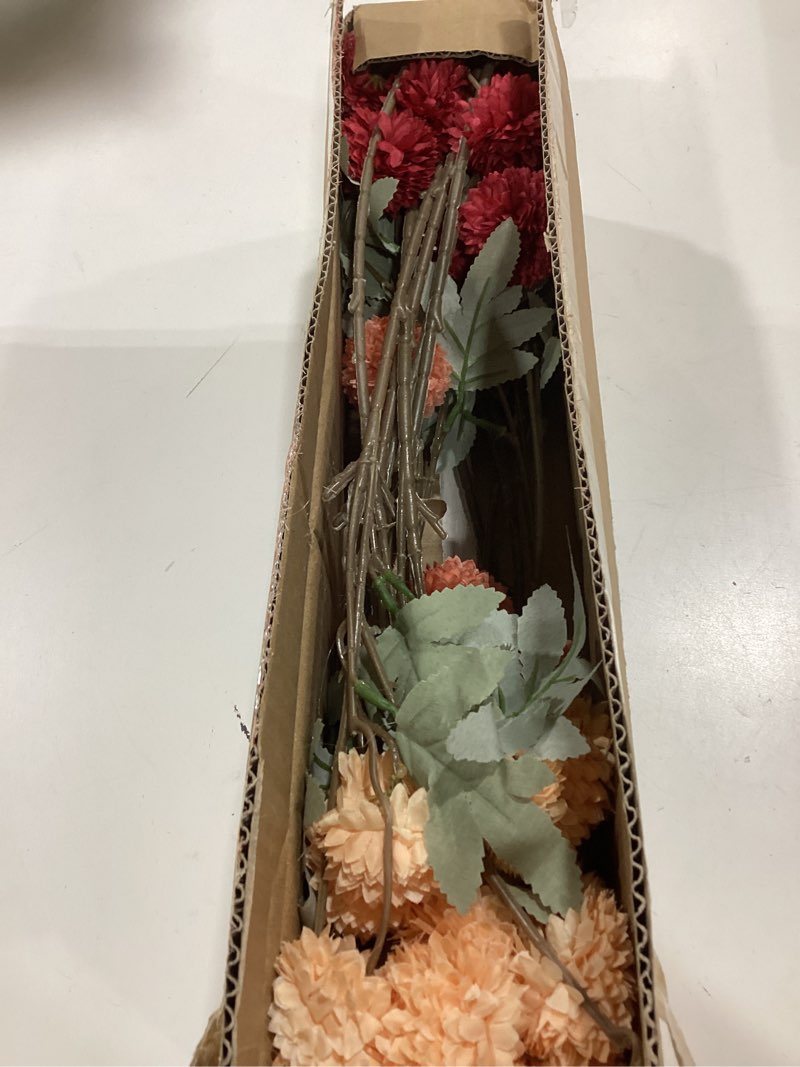 Condition photo showing Good Condition for 12pcs artificial flowers faux silk pompon mum, fake kiku flowers with 21" long stems & 5 heads each stem, mini small chrysanthemum ball mums flowers for wedding bouquets centerpieces home decor burgundy, burnt orange, champagne