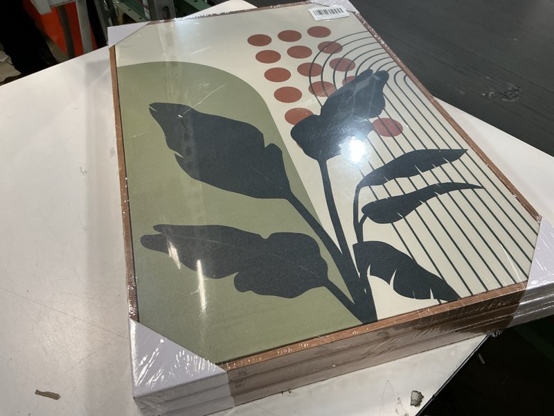 Condition photo showing Good Condition for PHOPAGO Boho Plant Wall Art Green Botanical Bohemain Framed Wall Printing 16x24in Abstract Canvas Prints with Leaf & Sun Lines Bedroom Living Room Decor - Natural Framed Boho Plant 16" x 24" x 3 Pcs Natural