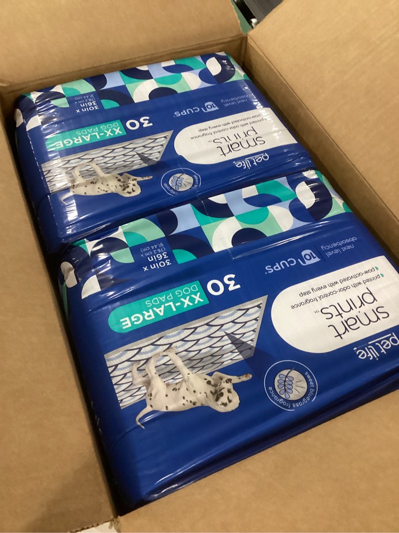 Condition photo showing New/Like New for Pet Life Unlimited Smart Prints Extra Extra Large Puppy Pads – 30" x 36", 60 Count (XXL) | Stylish Dog Training Pads with Odor Controlling Wetness-Activated Sweet Bluegrass Scent | USA Made Sweet Bluegrass XXL 30" x 36" 60-Count
