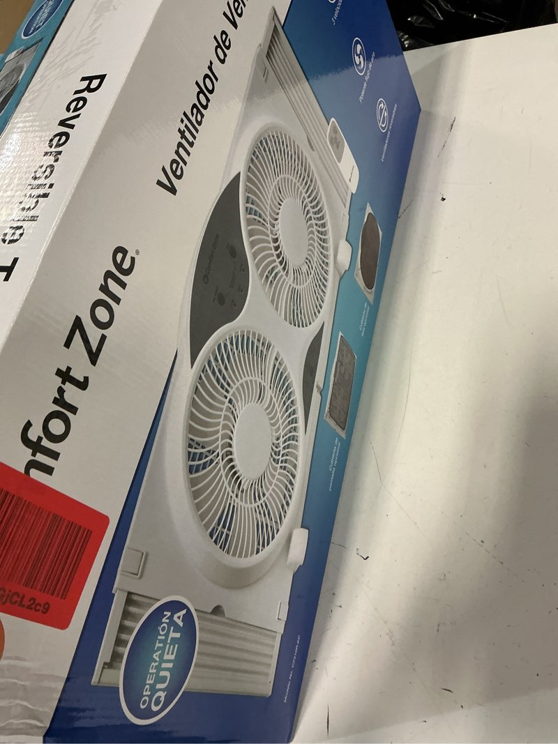 Condition photo showing Good Condition for comfort zone window fan for bedroom, 9 inch 3 speed dual fans with auto-locking expanders, 3 modes (cool, circulate, exhaust), remote control, fabric cover plus bug screen, white white 9" twin window fan w/ remote