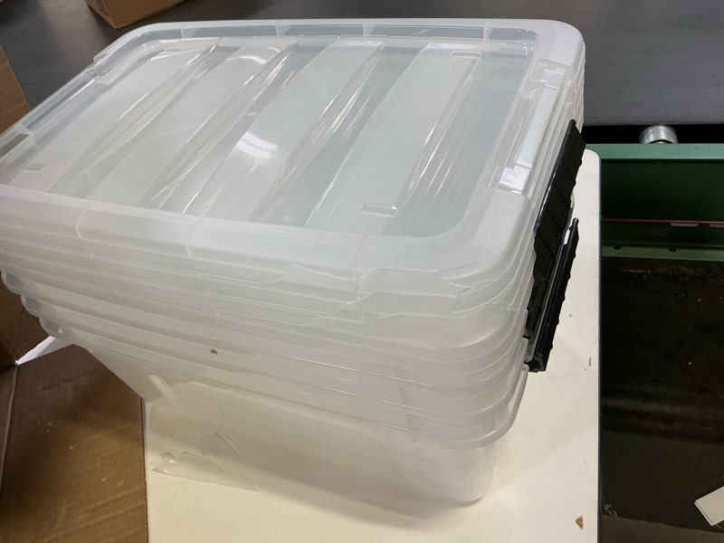 Condition photo showing As Is for IRIS USA 4-Pack Storage Bins with Lids, 13 Quart, Made in USA Stackable See-Through Organizing Solution Latches Durable Nestable Containers Secure Pull Handle, BPA-Free Plastic Clear 13 Qt 4 Pack