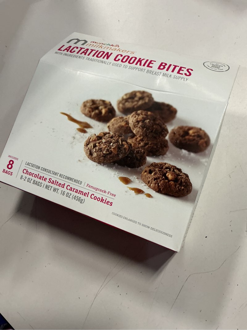 Condition photo showing New/Like New for (bb:dec.05.2025)munchkin® milkmakers® lactation cookie bites, chocolate salted caramel, fenugreek free, 8 count