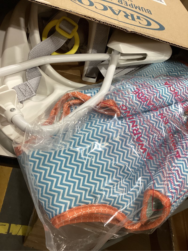 Condition photo showing As Is for Graco Bumper Doorway Jumper for Baby, Bounce Seat with Machine Washable Pad, Adjustable Height Baby Jumper, Play Tray for Toys, Caravan