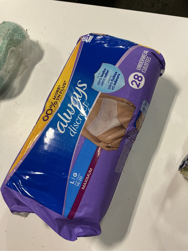 Condition photo showing New/Like New for Always Discreet Adult Incontinence Underwear for Women and Postpartum Underwear, Large, Up to 100% Bladder Leak Protection, 28 Count Large 28