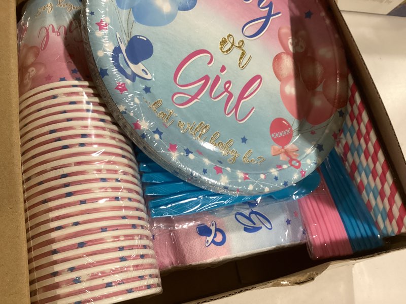 Condition photo showing New/Like New for Avezano 192 Pcs Gender Reveal Party Decorations Boy or Girl Plates Napkins Cups Blue and Pink Gender Reveal Party Tableware Set Serve 24