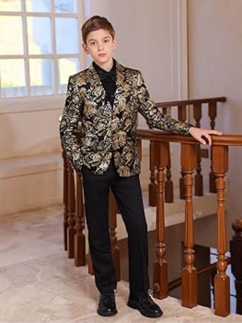 CloudCloth Boys' Slim-Fit Sparkle Tuxedo Suit with Satin Lapel, Black with Gold Flakes 