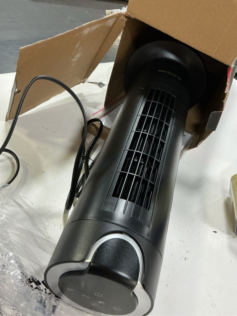 Condition photo showing As Is for dr.prepare tower fan for bedroom, 25 db quiet dc bladeless fan with remote, 8 speeds, 1-8h timer, 80° oscillating fans for indoors, 16 inch portable desk table fans for room, home, office