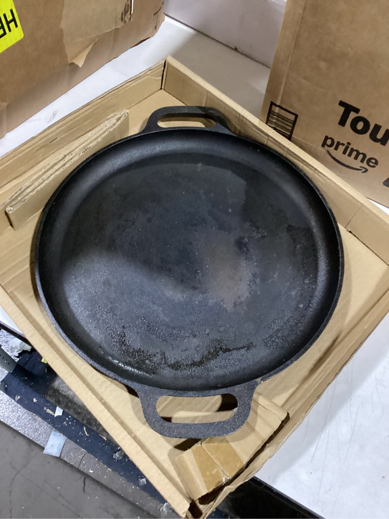 Condition photo showing New/Like New for Cast Iron Pizza Pan - 14-Inch Baking Pan for Oven, Stovetop, Grill, or Campfires - Durable, Even-Heating, Versatile Cast Iron Griddle by Home-Complete 14" Pizza Pan
