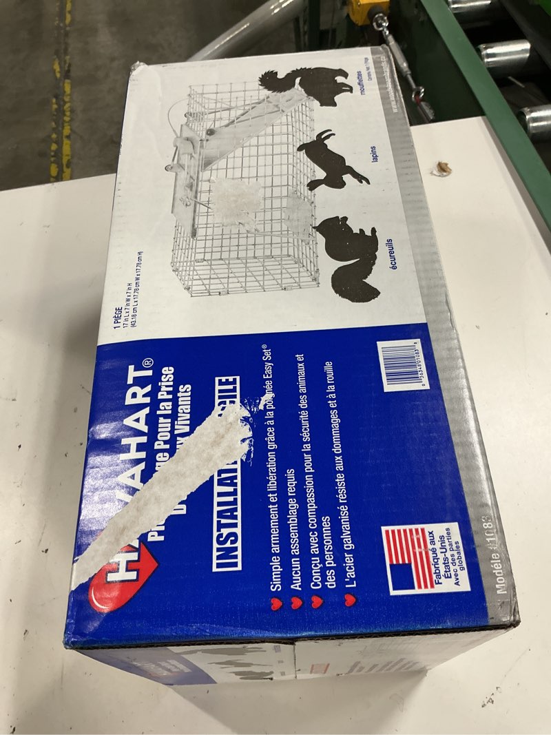 Condition photo showing New/Like New for havahart easy-set catch and release small 1-door humane live animal trap for squirrels, rabbits, skunks, and other small animals - 1083