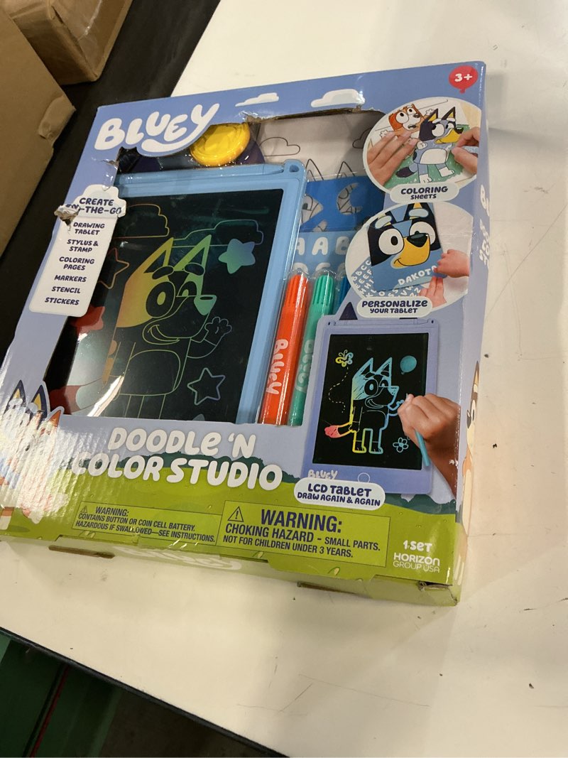 Condition photo showing New/Like New for bluey doodle ‘n color studio, lcd writing tablet with stylus, coloring sheets, markers & more
