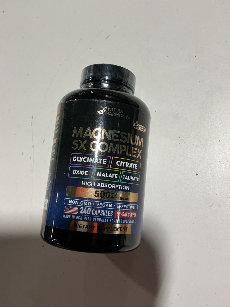 Condition photo showing Good Condition for magnesium supplement - 5 in 1 complex 500 mg | glycinate | citrate | malate | taurate | oxide - made in usa - stress, muscle & heart support - vegan, natural, non-gmo - 240 capsules 240 count (pack of 1)