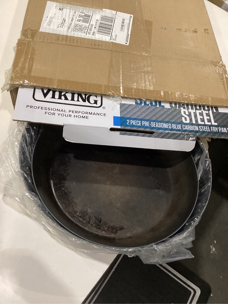 Condition photo showing As Is for used viking nonstick frying pans, blue carbon steel kitchen cookware, 10 and 12 inch, black 10 inch and 12 inch frying pan set